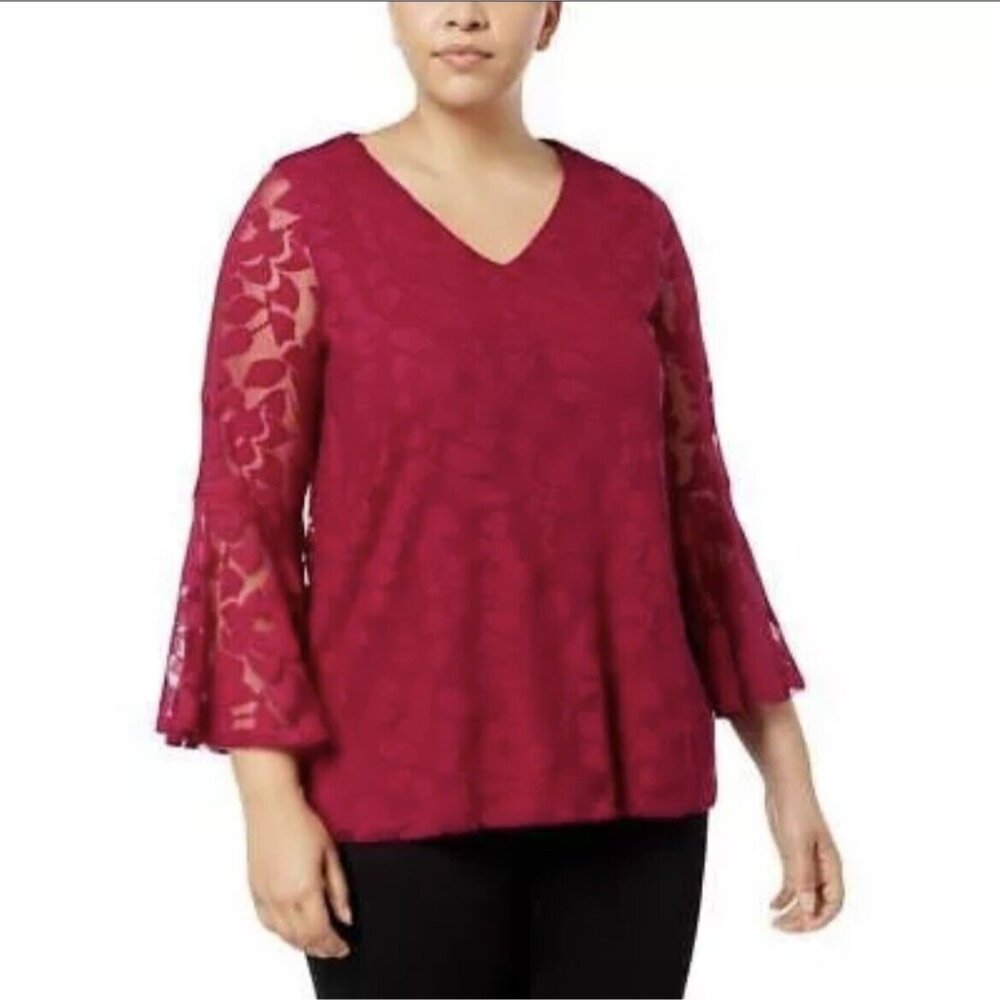 NWT Alfani Blouse Plus 3x Magenta Lace Bell Sleeves V Neck Stretch